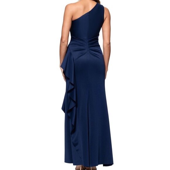 XSCAPE Petite Gathered-Waist One-Shoulder Evening Gown - Midnight Blue NWT 8P - Picture 2 of 4